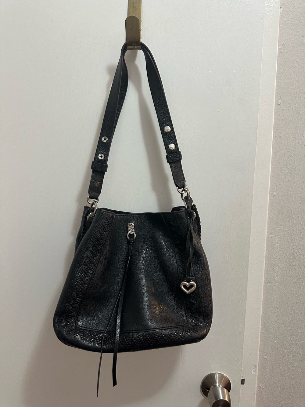 Brighton Black Leather Shoulder Bag with Heart Charm